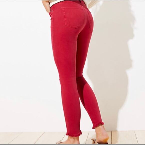 Ann Taylor Loft Wine Red Denim Modern Skinny Cropped Jeans w/ Raw Hem - Picture 2 of 9